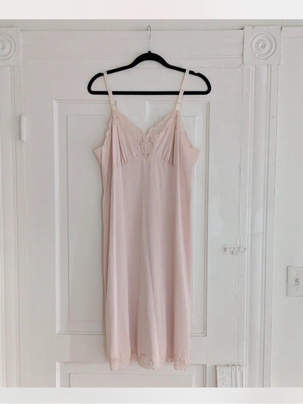 1970’s Shadowline Pink Lace Full Slip Nightgown Size 40 Tall Vintage Lingerie